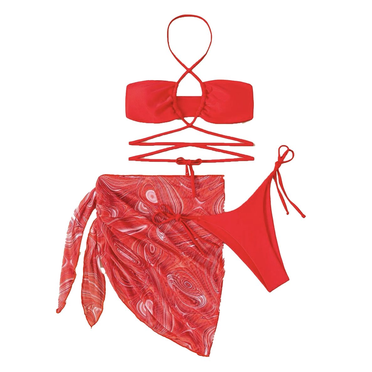 Cross front halter hollow out self tie mini dress 3 piece swimwear - Fashionpara