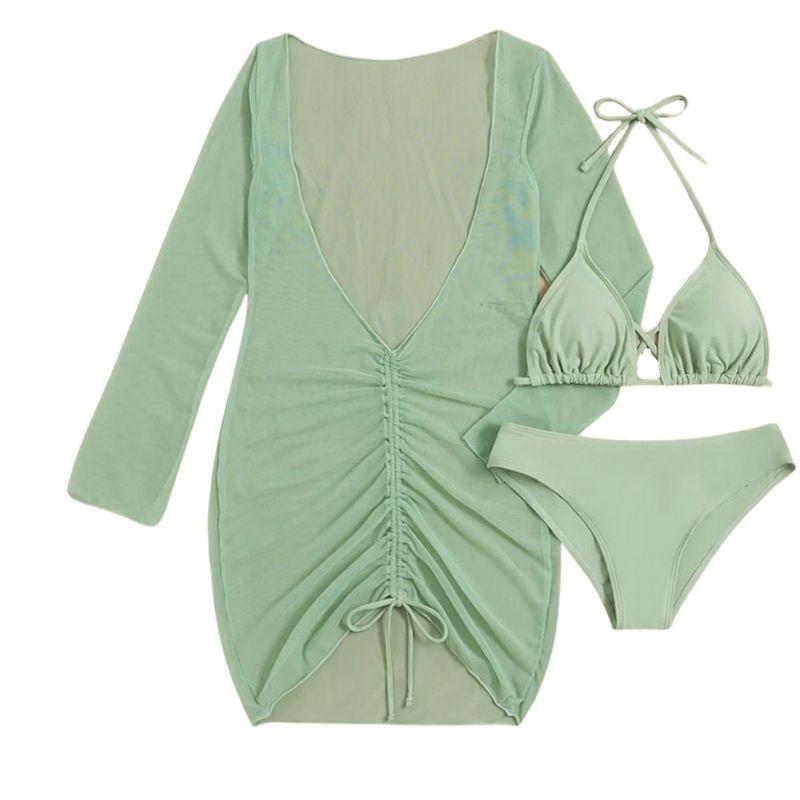 Solid cross back halter long sleeve ruched mini dress 3 piece swimwear - Fashionpara