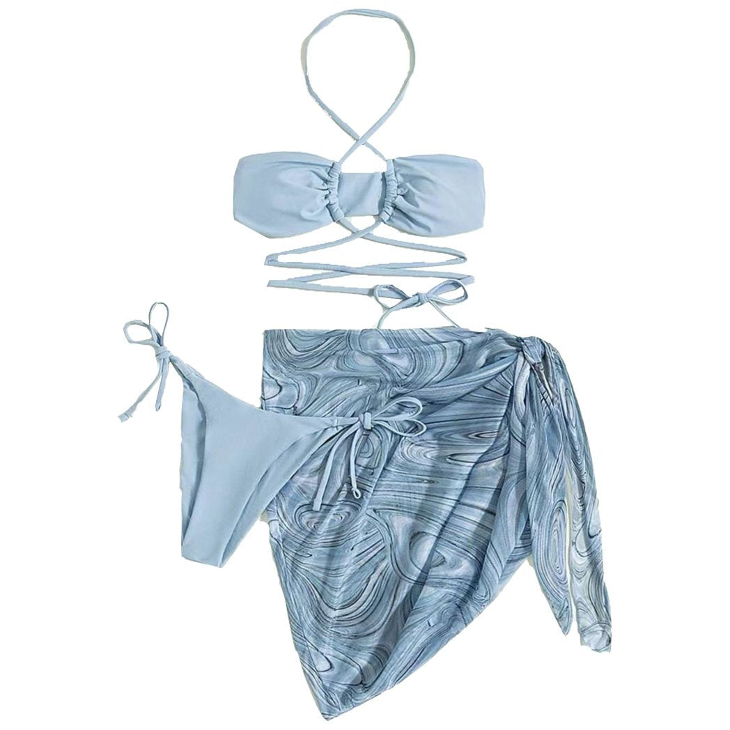 Cross front halter hollow out self tie mini dress 3 piece swimwear - Fashionpara