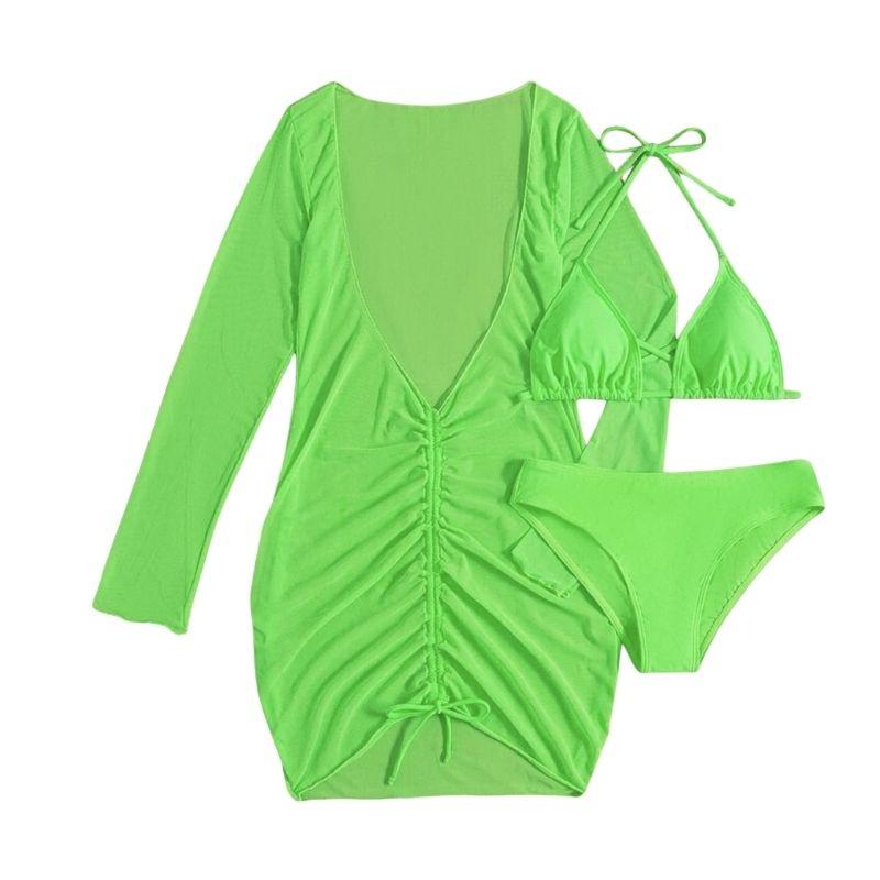 Solid cross back halter long sleeve ruched mini dress 3 piece swimwear - Fashionpara