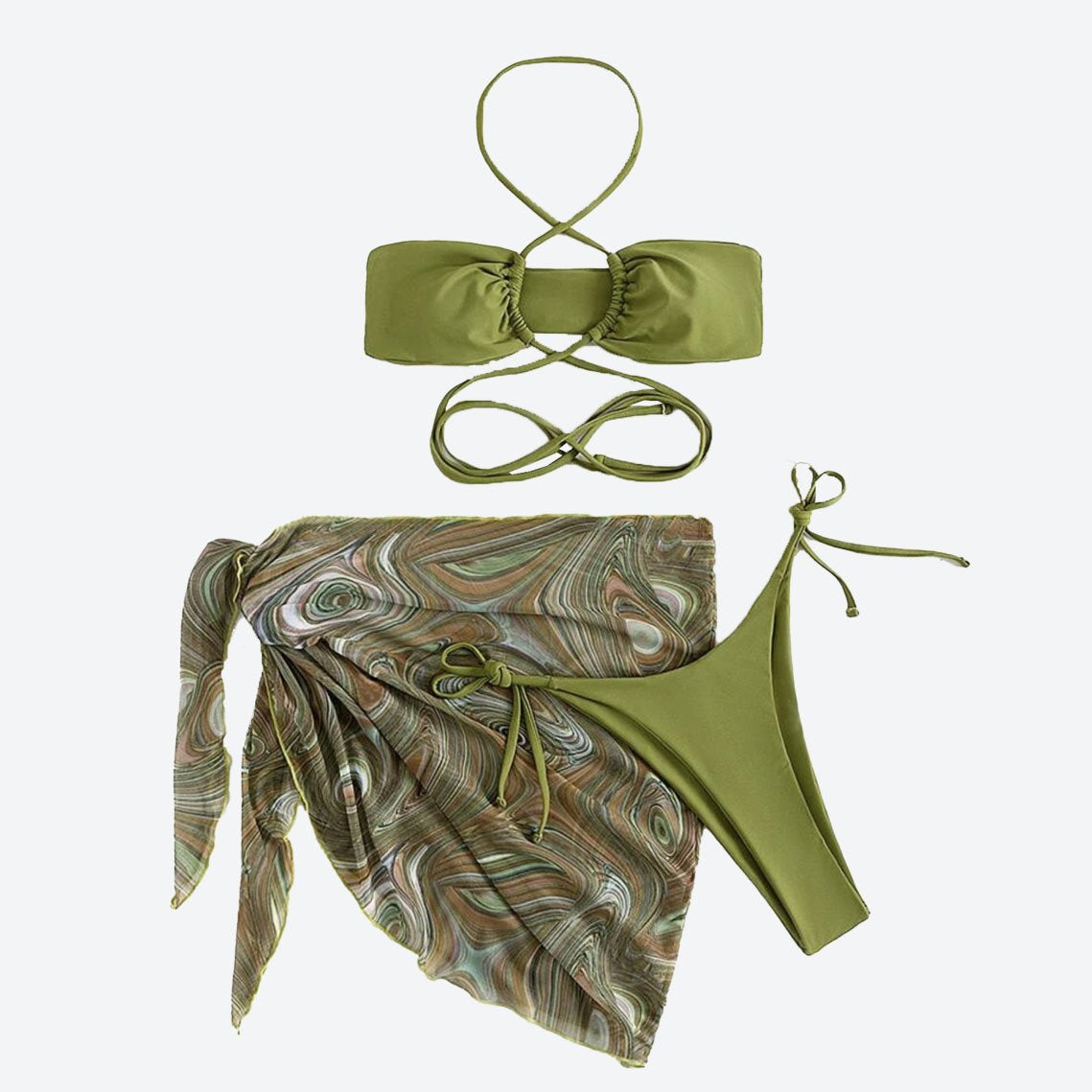 Cross front halter hollow out self tie mini dress 3 piece swimwear - Fashionpara