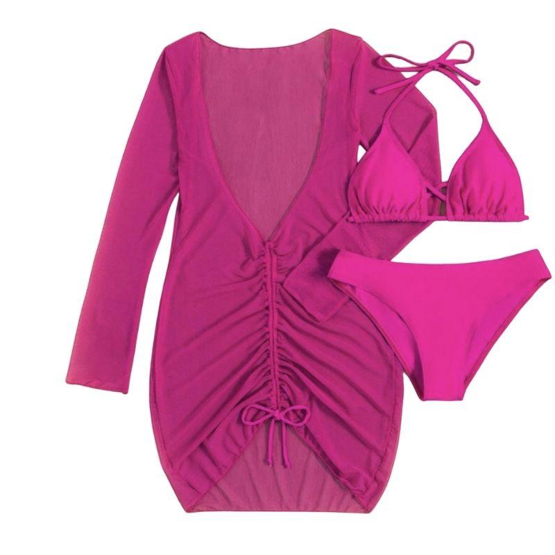 Solid cross back halter long sleeve ruched mini dress 3 piece swimwear - Fashionpara