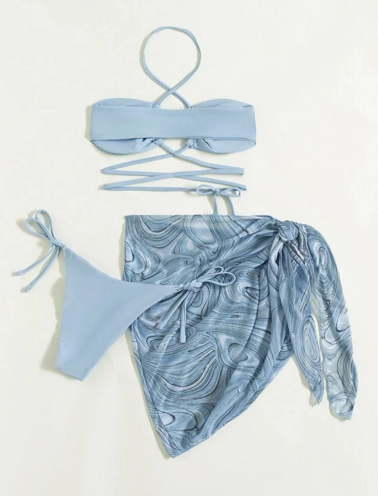 Cross front halter hollow out self tie mini dress 3 piece swimwear - Fashionpara