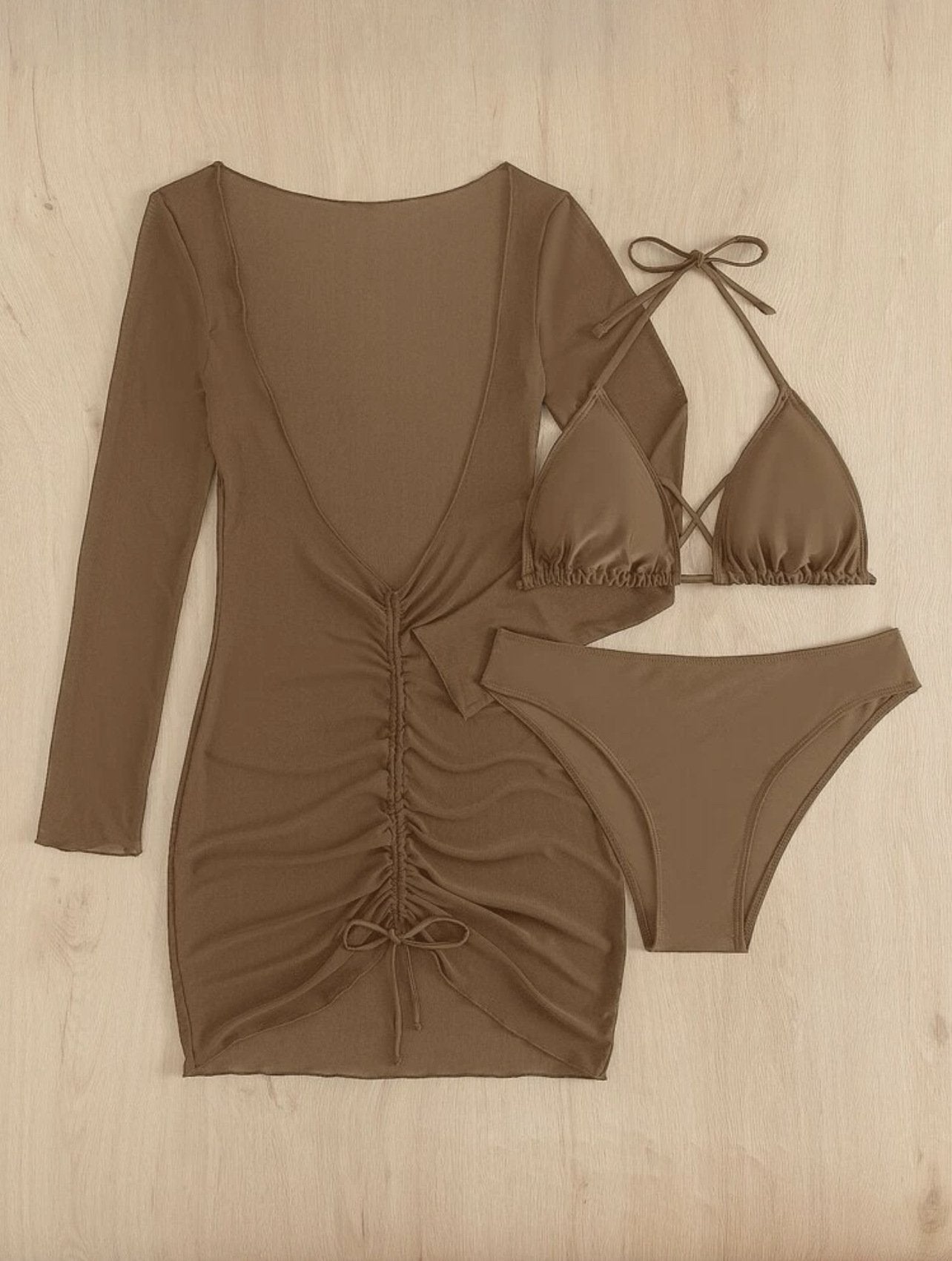 Solid cross back halter long sleeve ruched mini dress 3 piece swimwear - Fashionpara