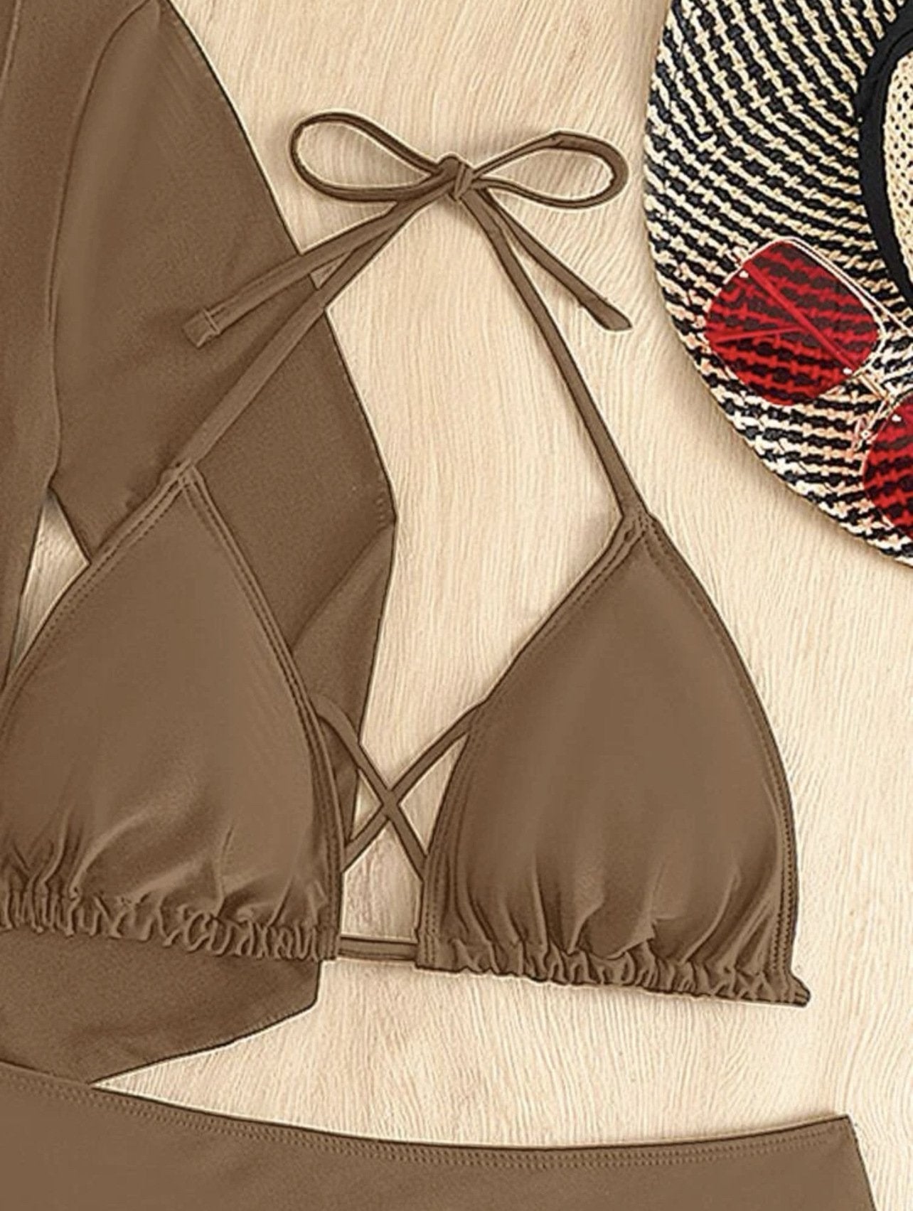 Solid cross back halter long sleeve ruched mini dress 3 piece swimwear - Fashionpara