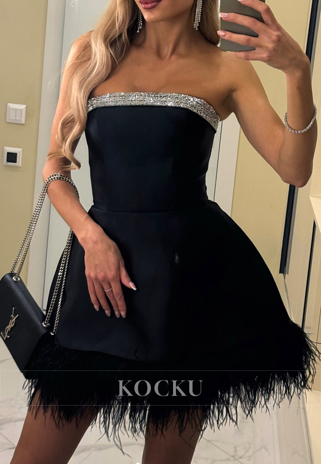 Glamorous Strapless Black Mini Party Dress with Feather Trim and Rhinestone - Embellished Bodice