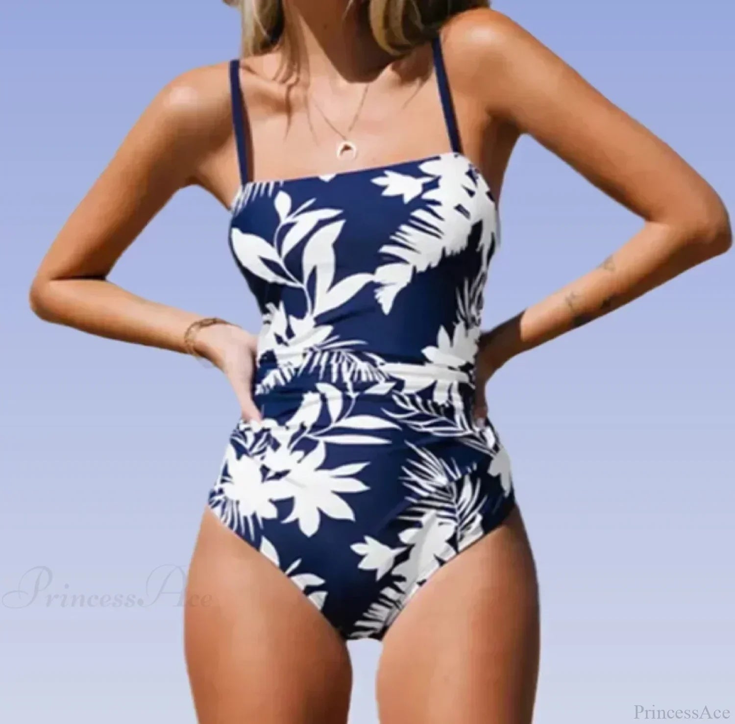 Leaf Print Shirred Square One Piece Set blue print / XS