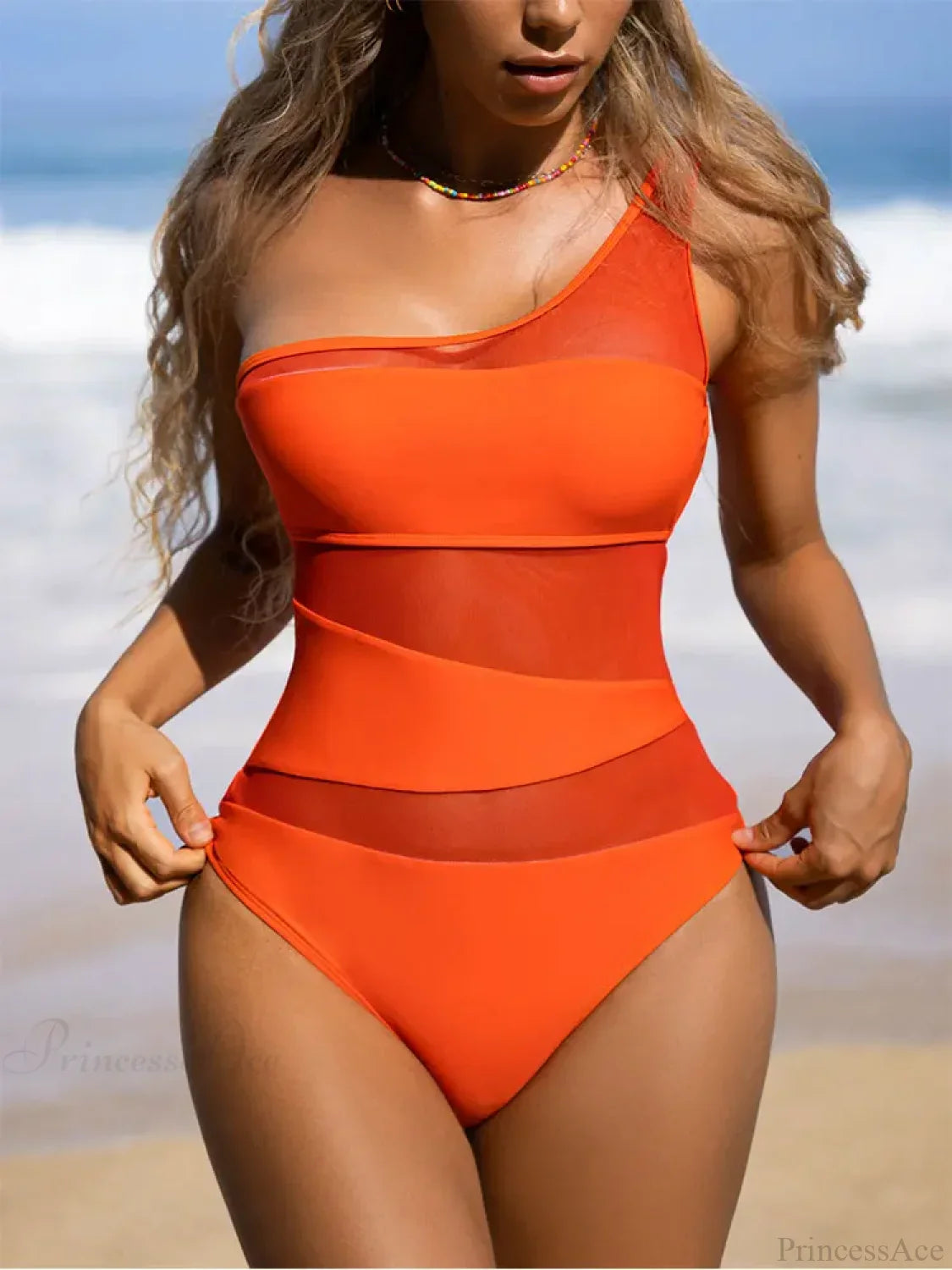 One Shoulder Mesh Monokini Swimsuit One Piece ORANGE / S onepiece-250223