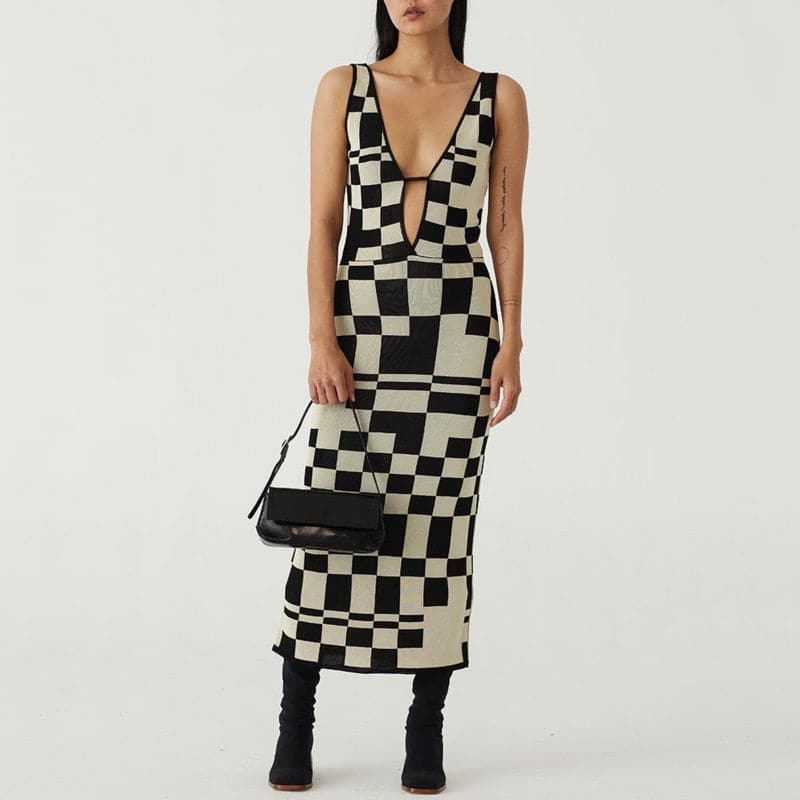 Sexy Backless Plaid Print Spaghetti Strap Hollow Out Vestidos Maxi Dress