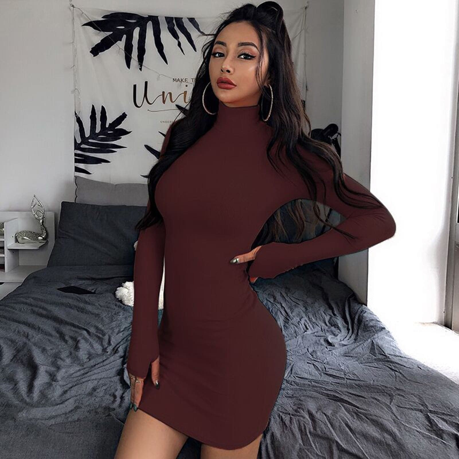 Solid Color Turtleneck Long Sleeve Bodycon Mini Dress