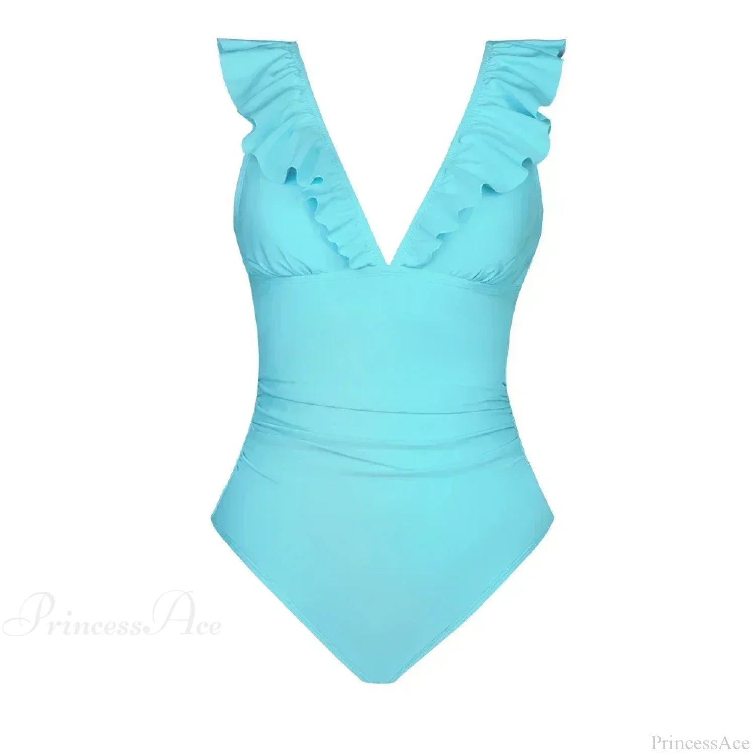 Ruffled V-neck Lace Up One Piece Set lake blue / S