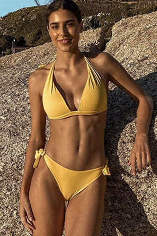 Simple Solid Tie Strap Halter Triangle Bikini Two Piece Swimsuit