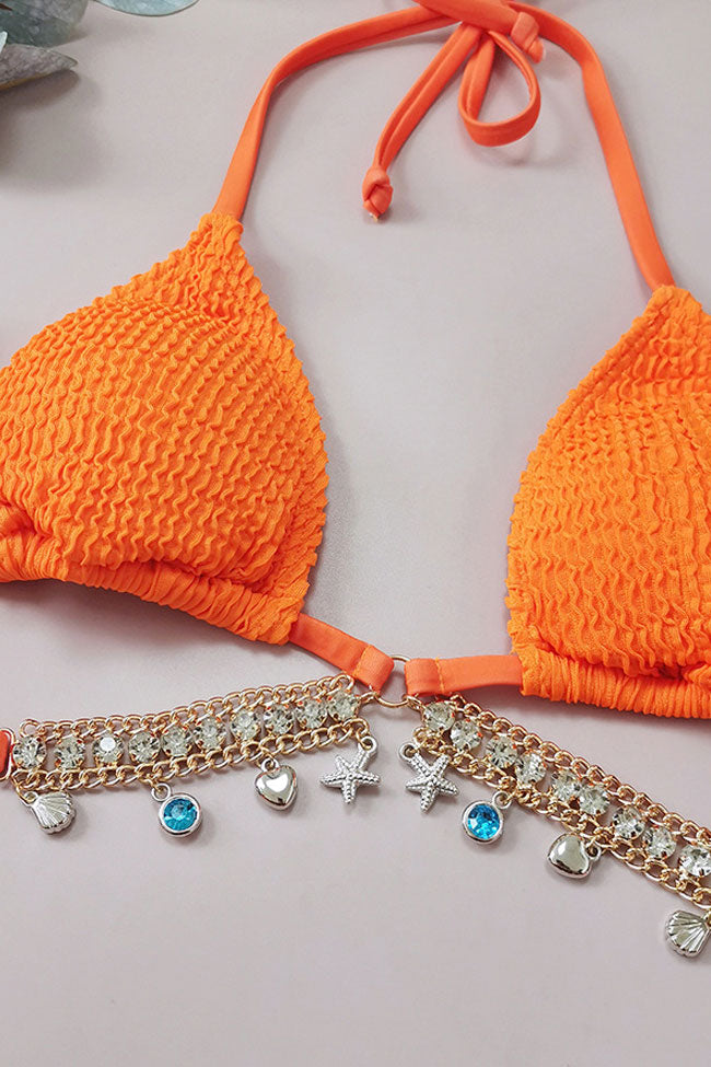 Twinkle Crystal Chain Tie Strap Crinkle Wrap Triangle Bikini Two Piece Swimsuit