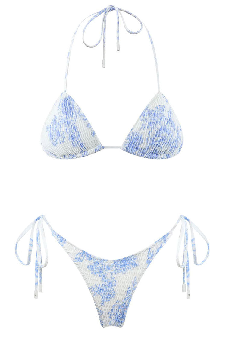 Sexy Floral Print Tie String Shirred Slide Triangle Bikini Two Piece Swimsuit