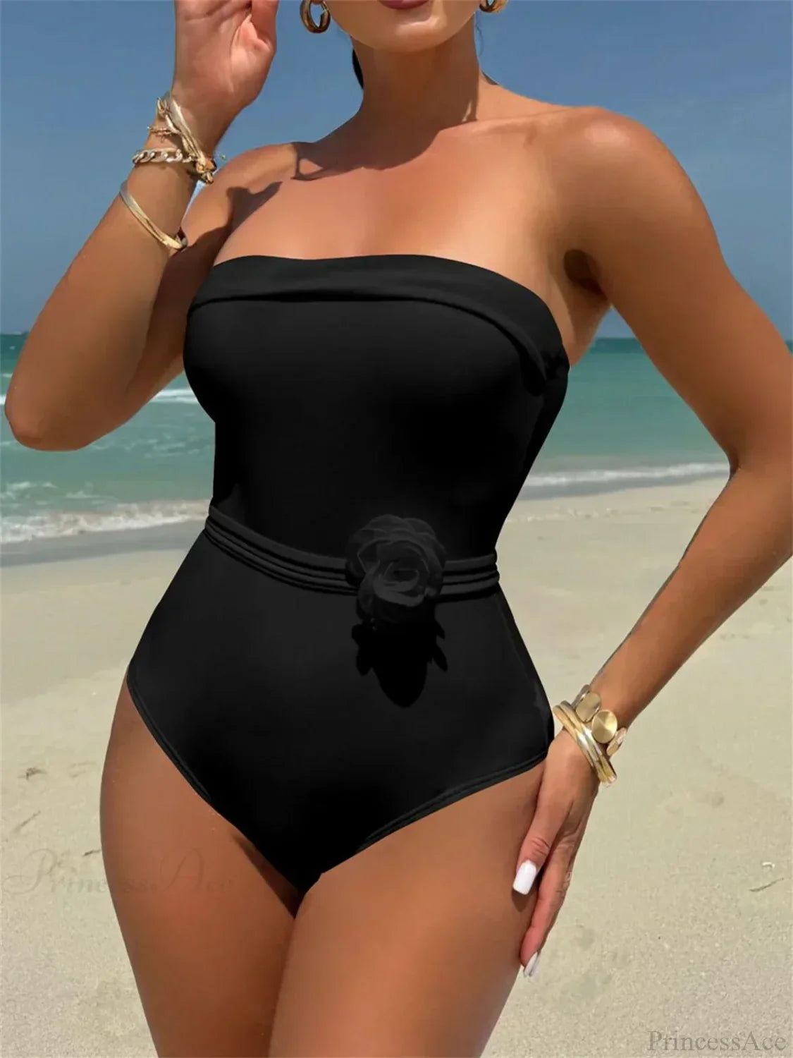 White Black 3D Flower One Piece Swimsuit Black / S onepiece-250223